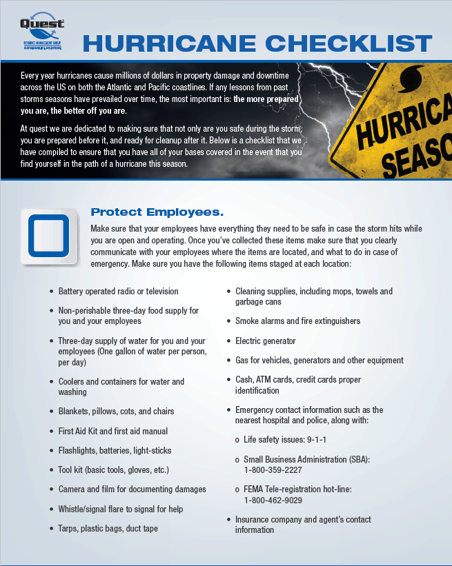 Hurricane Preparedness Checklist Quest Resource Management Group